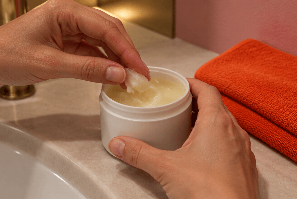 Applying product at a bathroom sink